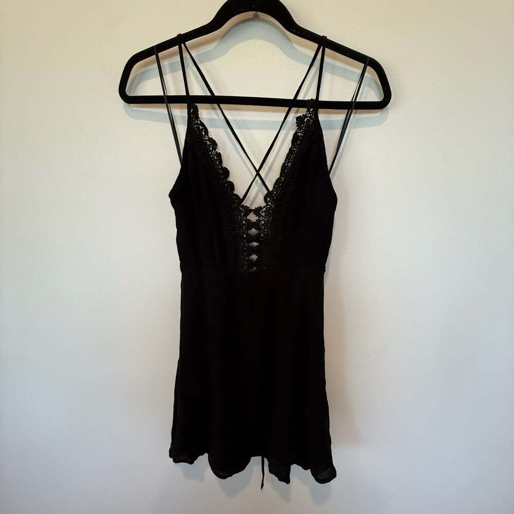 Lush Black Lace Trim Strappy Back Mini Dress Size M